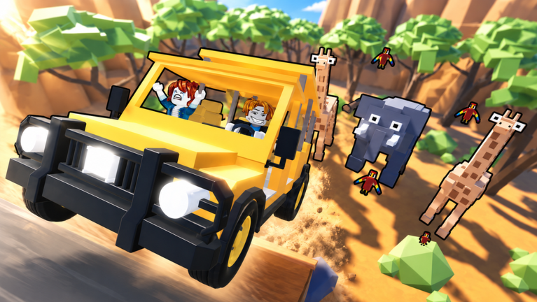 Official Film Animals artwork showing a yellow safari jeep, an elephant, giraffes and parrots